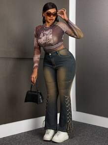 SHEIN SXY Plus Size Casual Washed Vintage Cross-Tied Fitted Flare Jeans - Black - View 2