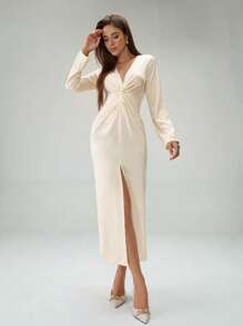 SHEIN Unity Women's Elegant Solid Color Twist Front Slit Dress For Autumn - Apricot - View 1