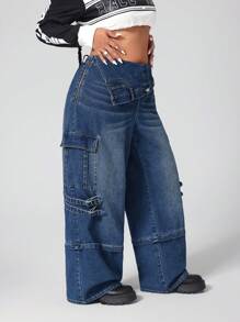 SHEIN ICON Plus Size Asymmetrical Stylish Waist Design, Multi-Pocket Cargo Jeans