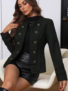 SHEIN Clasi Women's Elegant Double Breasted Long Sleeve Stand Collar Jacket, Autumn/Winter - Dark Green - View 4
