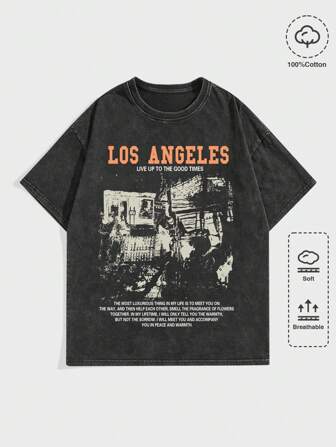 ROMWE MEN Street Life Herren Vintage T-Shirt mit Sneeuwassen Effekt und Grafik Schriftzug, Schulstil