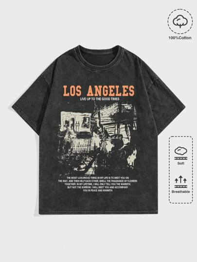 Street Life Camiseta gráfica vintage con lema desteñido para hombre, estilo escolar de los años 2000