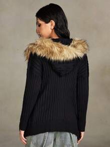 ROMWE Grunge Punk Vintage Ruffled Detail Women Zippered Open Front Oversized Hooded Cardigan, Autumn/Winter