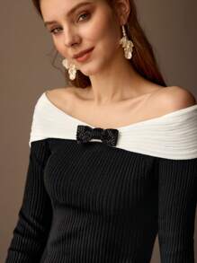 MOTF PREMIUM WOOL CONTRAST FOLDOVER OFF SHOULDER BEADED BOW DETAIL RIB-KNIT DRESS WITHOUT BELT - Black and White - View 5