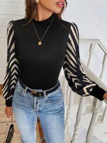SHEIN LUNE Camiseta de punto ajustada con empalmes, nueva llegada Otoño/Invierno 2024, adecuada para usar como capa o prenda exterior