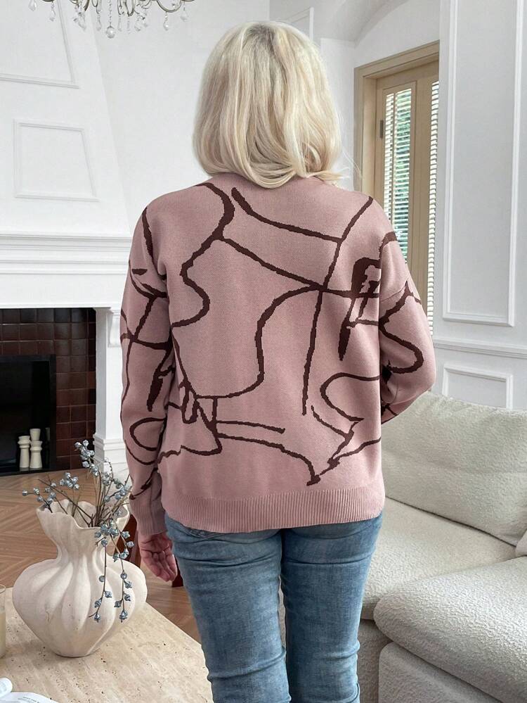 Women's Crew Neck Jacquard Knitted Casual Sweater, Long Sleeve