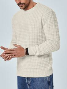 RueChic 男士纯色圆领长袖休闲毛衣，秋冬季 - 奶油色 - 查看 4