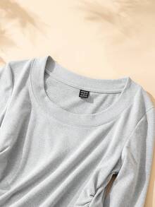 SHEIN BASICS 2 件套女士休闲纯色针织圆领修身长袖 T 恤和高腰直筒裤 - 淺灰色 - 查看 6