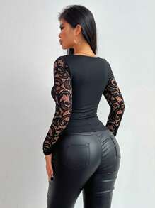 EMERY ROSE 1 件女士优雅方形领口黑色蕾丝紧身长袖上衣 - 黑色 - 查看 2