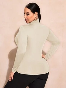 SHEIN SXY Plus Size Solid Color Slim Fit High-Necked Long Sleeve All-Match T-Shirt Basic Tees Fall - Beige - View 3