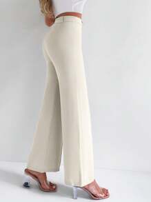 SHEIN Women's Solid Color Button Toothpick Stripe Casual Versatile Commuting Wide Leg Pants - Apricot - View 3