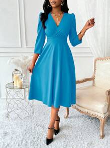 Lunelith SHEIN Lunessa V 领高腰 3/4 袖 A 字形女式连衣裙 女式长款服装 - 藍色 - 查看 4