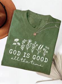 INAWLY God Is Always Beautiful 野花圖案圓領直肩女款印花短袖T恤女上衣秋季女裝 - 綠色 - 查看 3