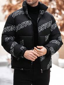 Manfinity Homme Men's Letter Print Zip-Up Padded Coat - Black - View 5