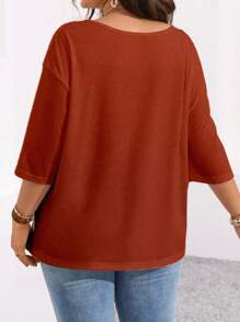 SHEIN LUNE Plus Size Crew Neck Short Sleeve Solid Color Simple Loose Casual Comfy T-Shirt Fall - Coral Orange - View 2