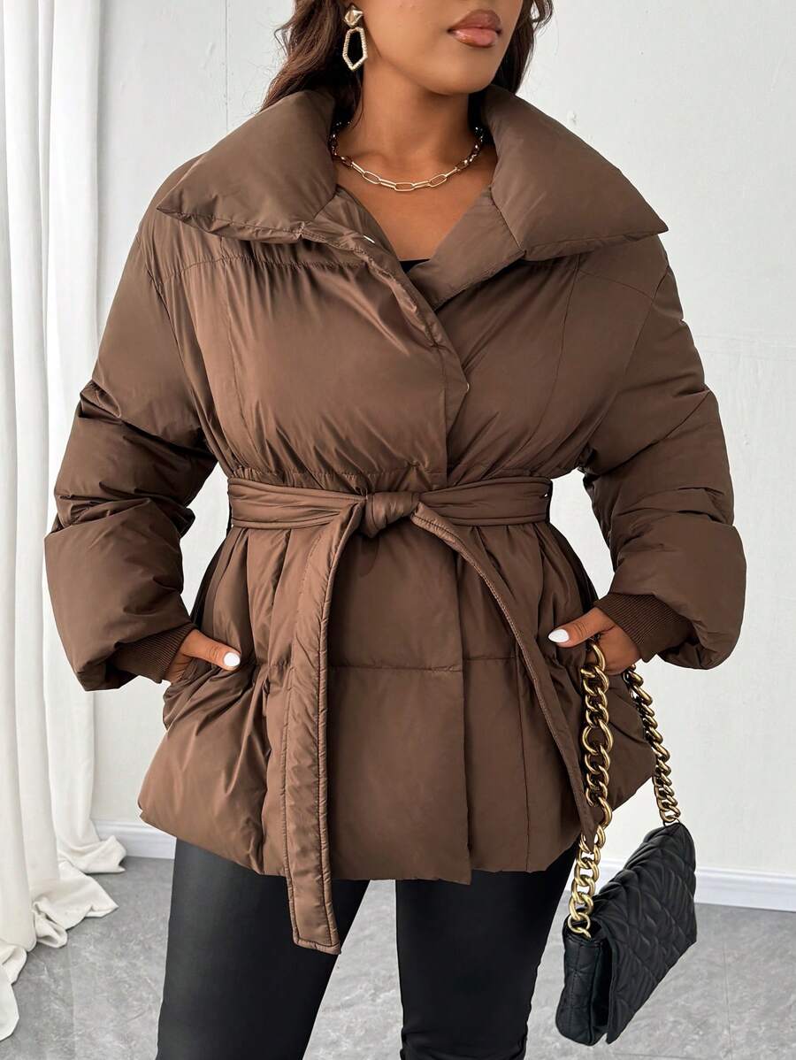 SHEIN LUNE Plus Size Casual Solid Color Padded Padded Coat, Winter Clothes - Coffee Brown - View 1
