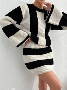 EURMUSE Women Striped Knit Design Oversize Sweater And Knit Skirt Set - Black and White - View 2