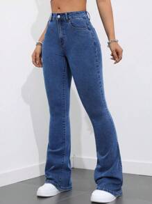 SHEIN ICON Women Front Button Pocket Simple Flare Denim Casual Jeans , Daily Wear Y2k - Dark Wash - View 6