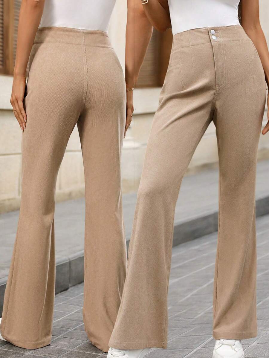 Women's Solid Color Front Button Minimalist Casual Pants, For Daily Wear Fall Cloth For Women - Khaki - View 1