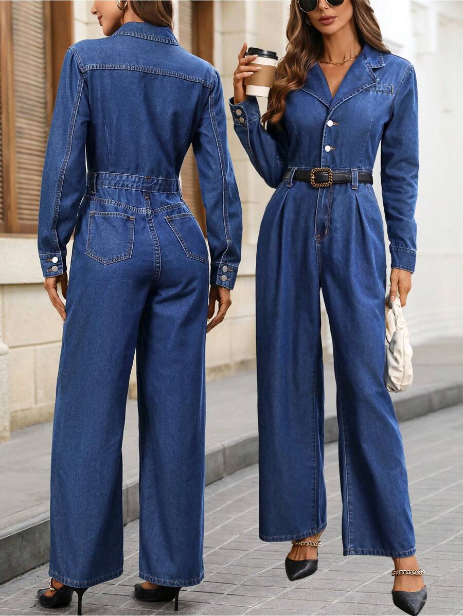 SHEIN LUNE Bộ đồ liền thân ống rộng denim giản dị cổ bẻ tay dài cài nút nửa vạt mùa thu dành cho nữ - Màu xanh lam - Xem 1