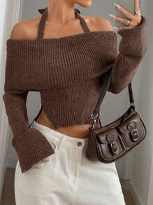 LYSMO Women's Valentine Off Shoulder Sweater - Brown - View 5