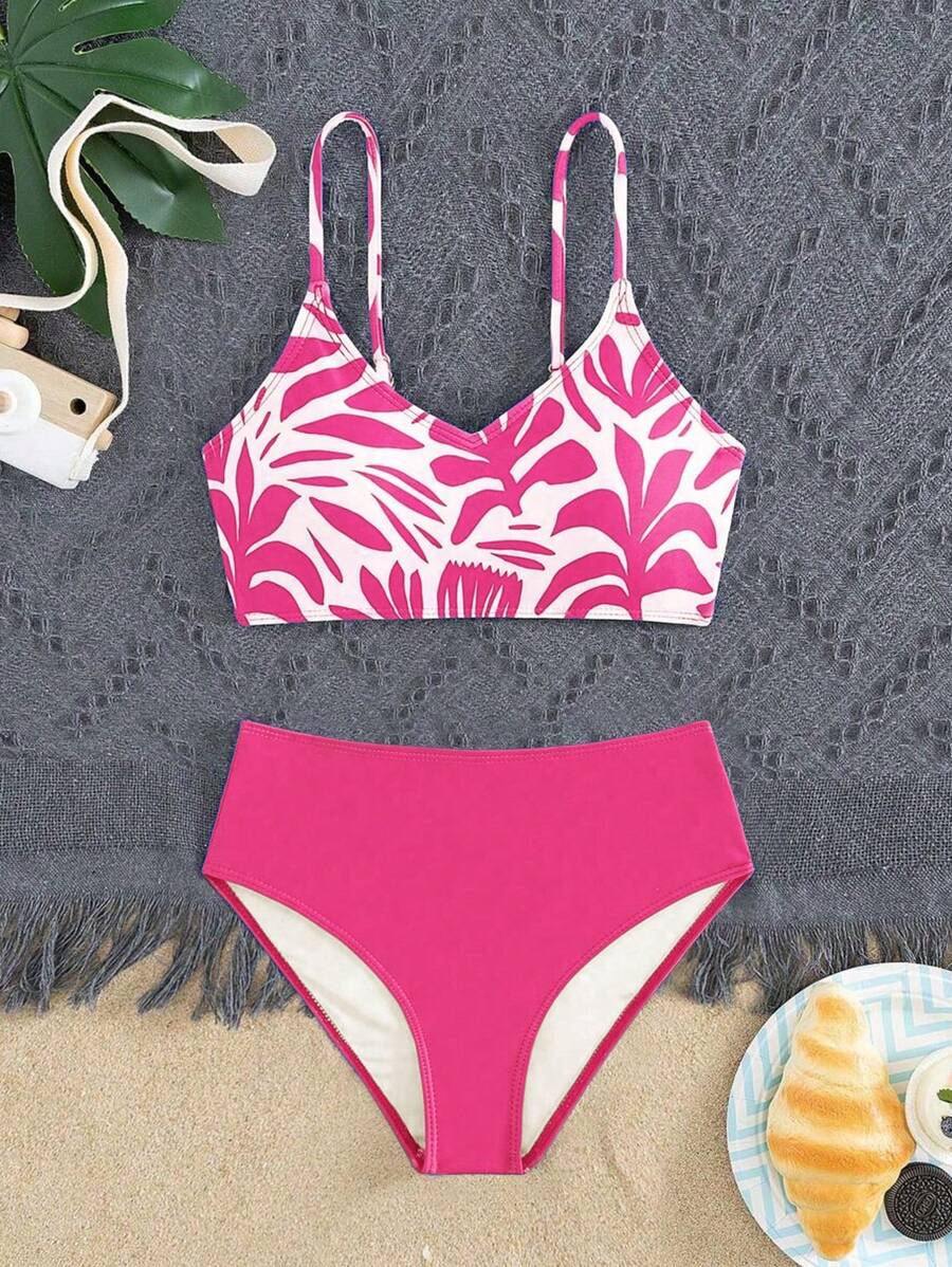 SHEIN Teen Girls' Floral Print Bikini Two-Piece Bikini Set Set, Summer Beach - Hot Pink - View 1