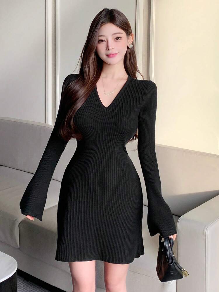 Mini Bodycon Flare Sleeve Knit Sweater Dress For Women,Fall Clothes