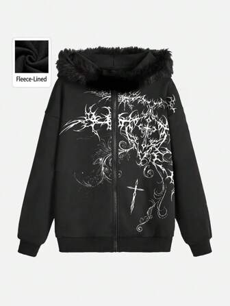 Goth Men's Casual Retro Print Fleece Hooded Sweatshirt, Autumn/Winter