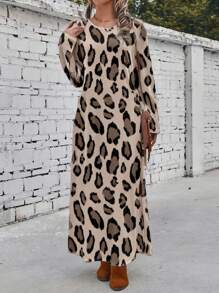 EMERY ROSE 休闲简约全长豹纹长袖修身连衣裙，适合秋冬季 - 彩色 - 查看 6