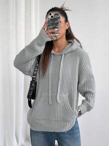 SHEIN Unity 1pc Women's Solid Color Pullover Hoodie Sweater, Suitable For Sports, Outdoor, Casual, Commuting - Grey - View 3