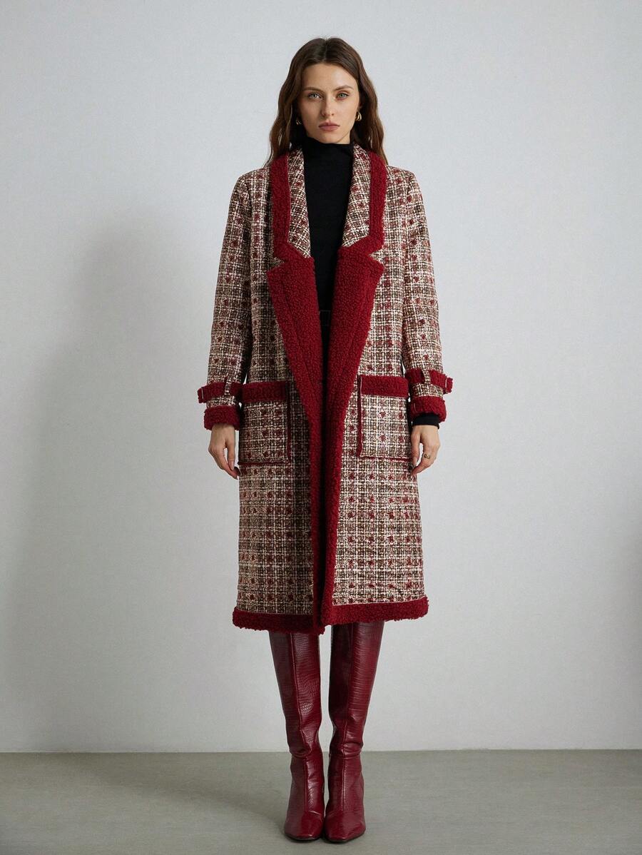 Aveloria 女士秋冬 MOB WIFE STYLE 保暖绒面羊毛格子仿衬里超大夹克仿皮飞行员夹克带 Borg 衬里节日派对服装 - 彩色 - 查看 1