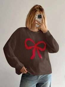 Forever 21 新品圆领超大蝴蝶结拼色宽松休闲针织毛衣，适合秋冬季 - 棕色 - 查看 9