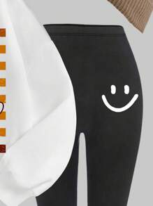 SHEIN 2 件套复古笑脸印花休闲圆领舒适长袖运动衫和紧身裤，适合秋冬季 - 彩色 - 查看 4