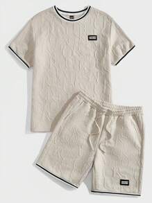 Manfinity VCAY 2pcs Men's Letter Print Round Neck Short Sleeve Casual T-Shirt And Drawstring Waist Shorts Set - Khaki - View 1