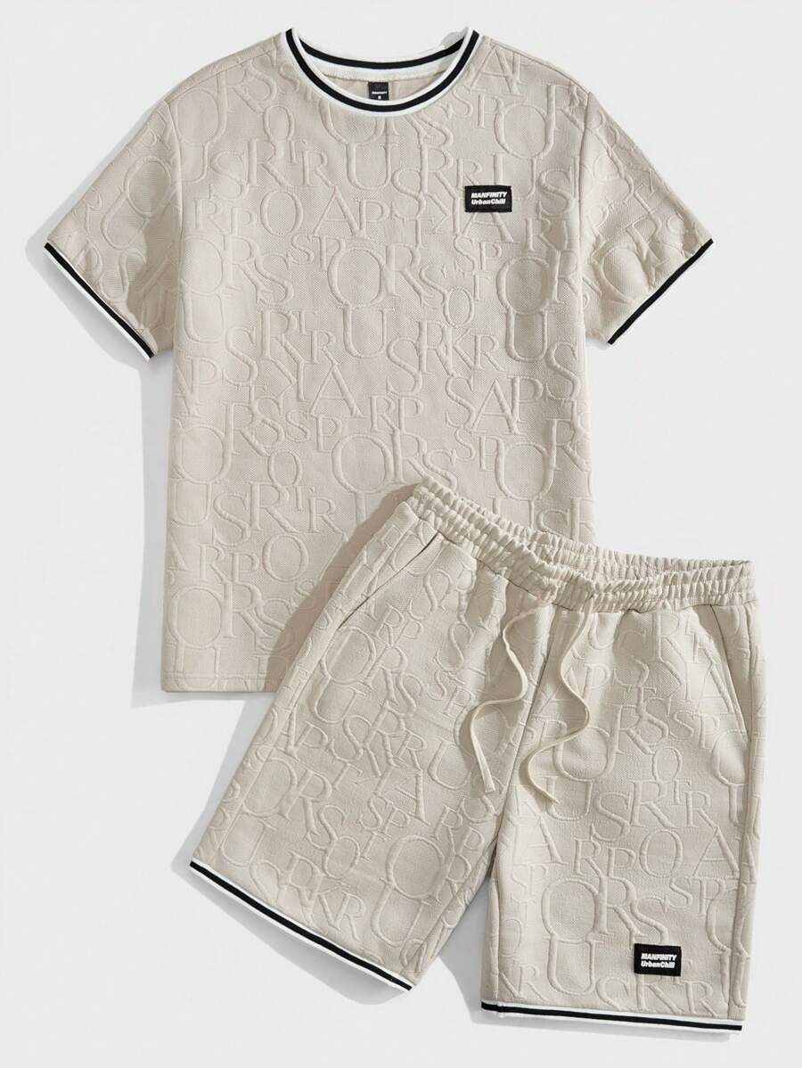 Manfinity VCAY 2pcs Men's Letter Print Round Neck Short Sleeve Casual T-Shirt And Drawstring Waist Shorts Set - Khaki - View 1