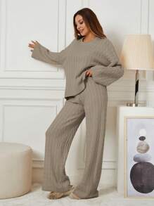 RueChic 2pcs Solid Color Rib Knit Crew Neck Long Sleeve Top And Pants Sweater Set For Women - Mocha Brown - View 5