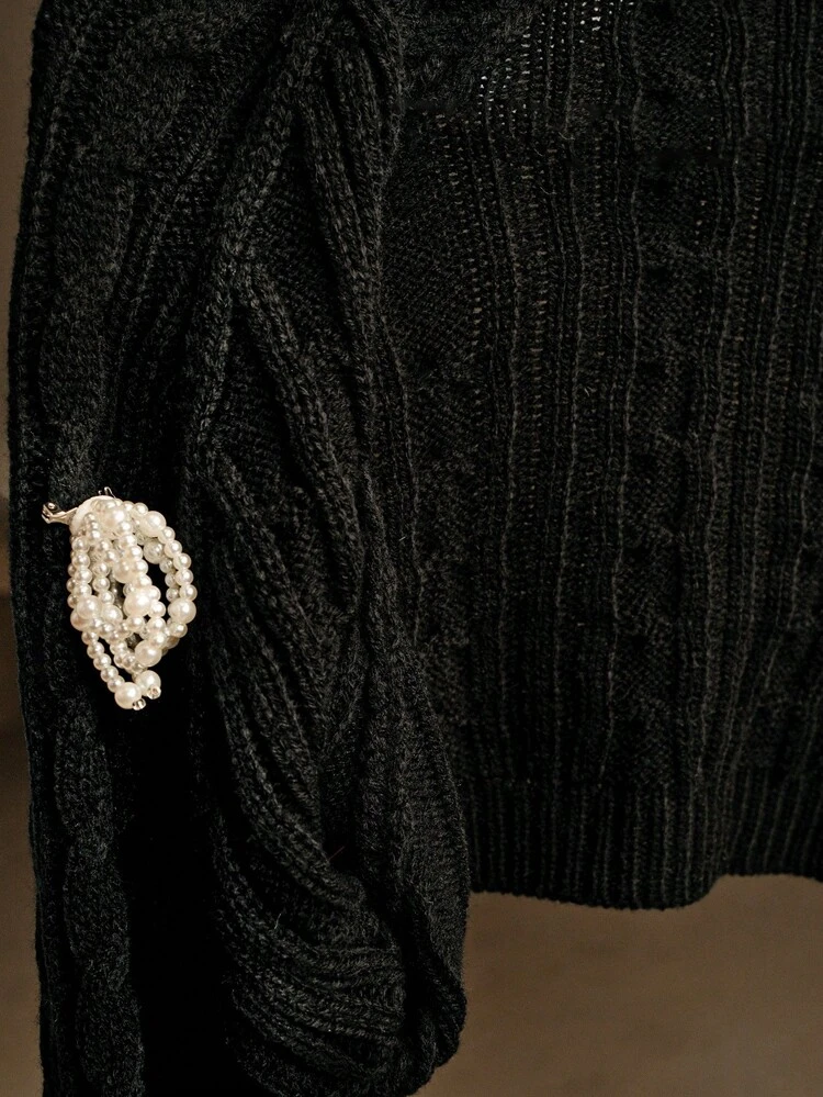 Luźny damski kardigan z perłową kokardą i teksturowanymi rękawami w kształcie skrzydeł nietoperza, na Boże Narodzenie/Nowy Rok