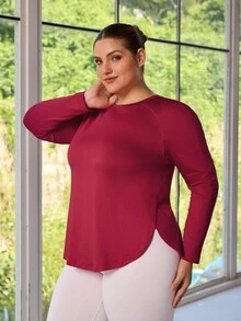 Easithlete 大码纯色修身长袖运动 T 恤 - 玫紅色 - 查看 7