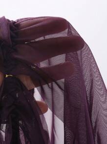 DAZY 2pcs Sheer Mesh Ruffle Trim Bow Decor Open Front Babydoll Gown & G-String Sexy Sleepwear Set For Going Out