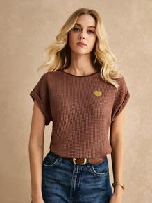Poéselle Women's Heart Embroidery Batwing Sleeve T-Shirt Made Of Knitted Waffle Fabric, Breathable, Soft, And Comfortable, Featuring Gold Heart Embroidery. It's A Loose-Fitting Batwing Sleeve T-Shirt Suitable For Vacation And Everyday Wear. Summer Top, Boho And Cute. - Khaki - View 5