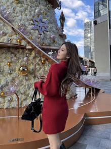 INAWLY Women Drop Shoulder Long Sleeve Solid Color Short Sweater Dress, Fashion Style For Autumn/Winter