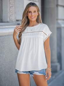 SHEIN LUNE Swiss Dot Contrast Lace Batwing Sleeve Blouse - White - View 4
