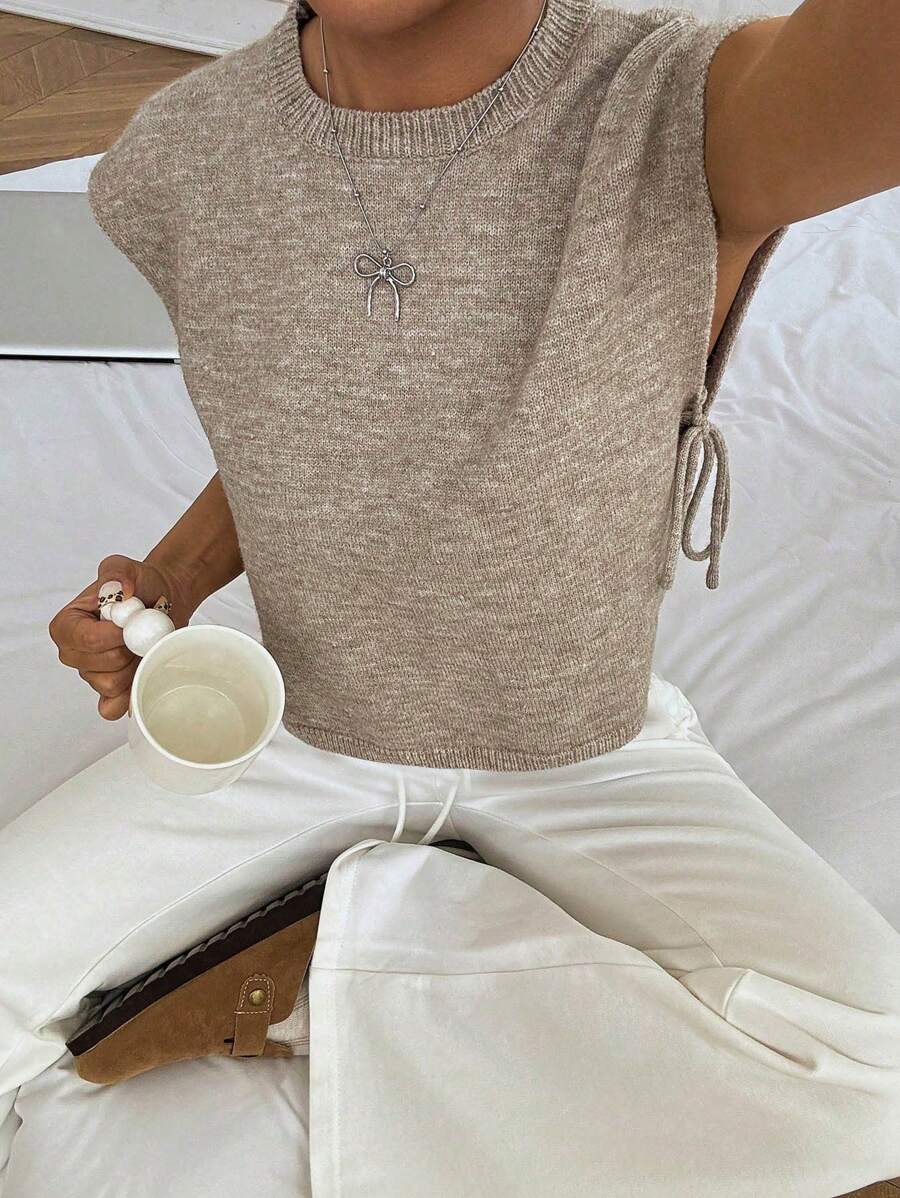 Flirla Women's Loose Fit Casual Side Tie Sweater Vest For Autumn/Winter - Apricot - View 1