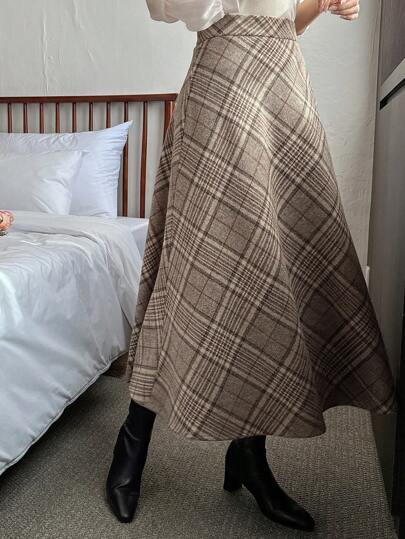 DAZY Plaid Print A-Line Mid-Length Elegant Retro Skirt For Women,Fall Clothes