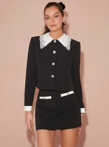 Enchnt 1 件女式秋季撞色翻领长袖单排扣优雅夹克