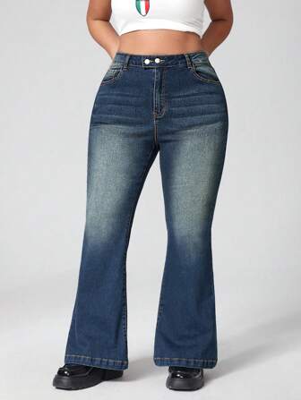 Jeanoix 大码休闲复古洗水修身喇叭腿牛仔裤