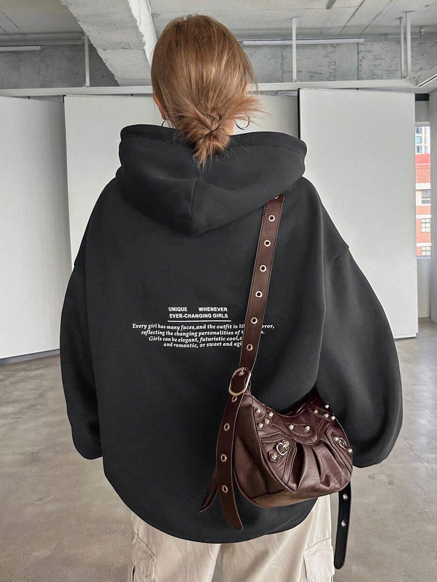 DAZY Women's Casual Slogan Printed Dropped Shoulder Loose Drawstring Hooded Long Sweatshirt, Autumn