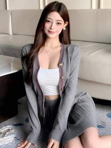 DAZY 女士新款条纹拼布前扣开衫和针织裙两件套，秋季女装女式毛衣 - 灰色 - 查看 6