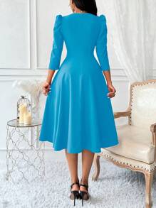 Lunelith SHEIN Lunessa V 领高腰 3/4 袖 A 字形女式连衣裙 女式长款服装 - 藍色 - 查看 2