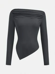 Girlism 3 件套青少年女孩不对称褶皱优雅露肩长袖多色 T 恤